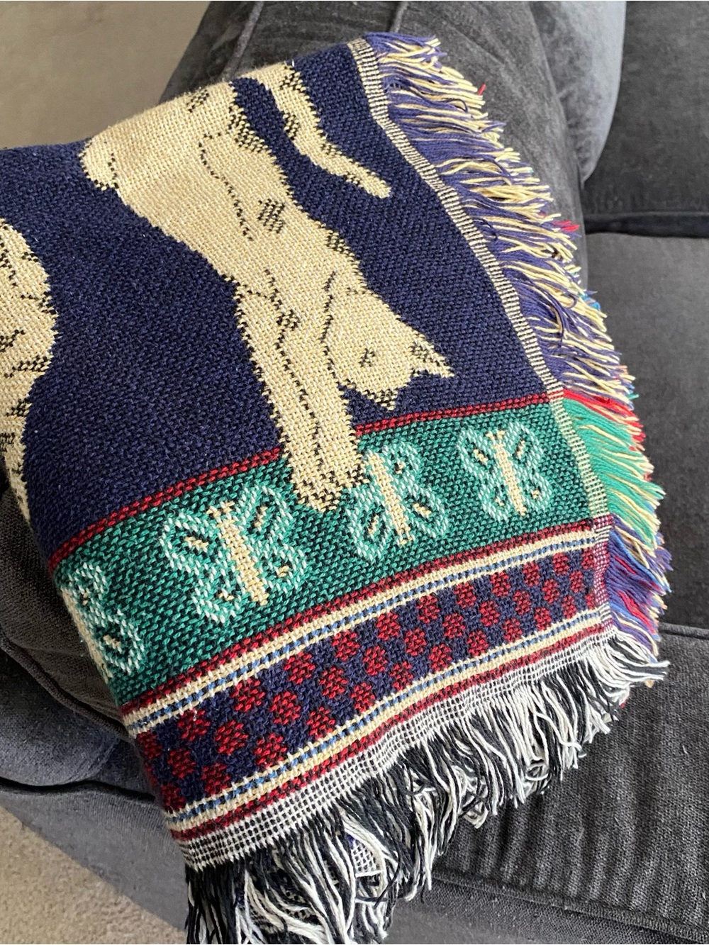 Crown Crafts Woven Cats Patterned Throw Blanket in Navy, Cream, Red & Green EUC - Picture 12 of 14